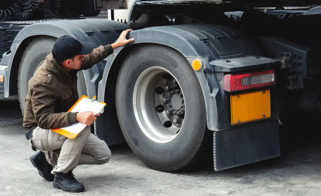 Rapid Truck Repair - Maintenance worker kneels beside a large truck tire, inspecting it with a clipboard in hand