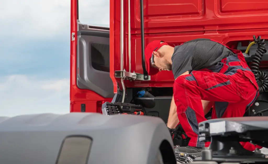 Rapid Truck Repair - Truck mechanic in red overalls crouches at the open engine compartment of a red truck, inspecting components.