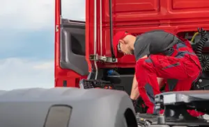 Rapid Truck Repair - Truck mechanic in red overalls crouches at the open engine compartment of a red truck, inspecting components.