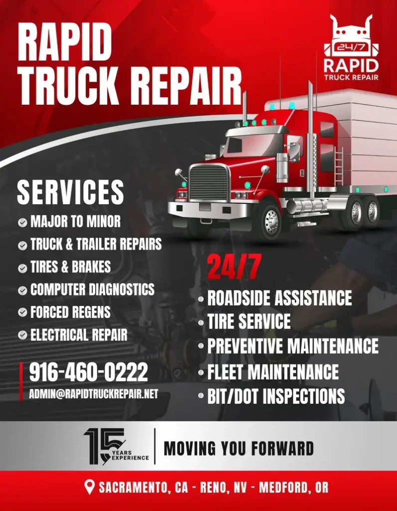 Rapid Truck Repair - Rapid Truck Repair - Promotional poster for Rapid Truck Repair with a red semi-truck, service list, and 24/7 roadside assistance details.